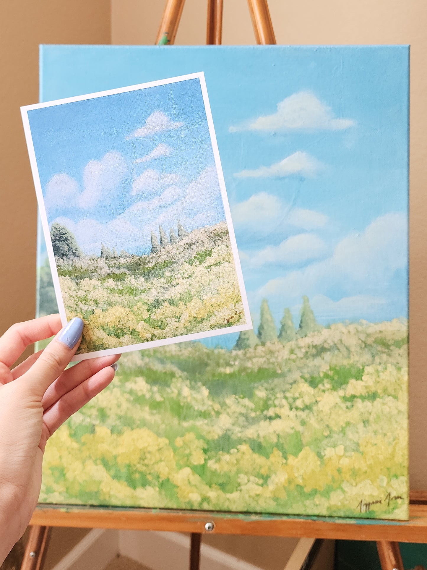 Pastel Spring Field Flower Art Print – 5x7 Acrylic Landscape on Linen Card Stock